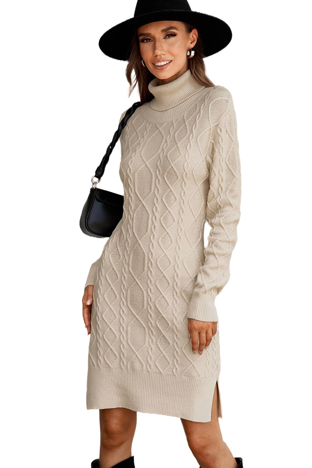 Turtleneck Pullover Textured Pattern Bodycon Sweater Dress With Slits