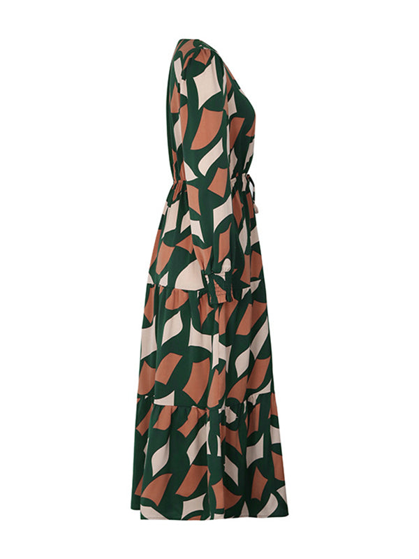 Buttoned Elasticity Pleated Printed Split-Joint Tied Waist A-Line Long Sleeves V-Neck Midi Dresses