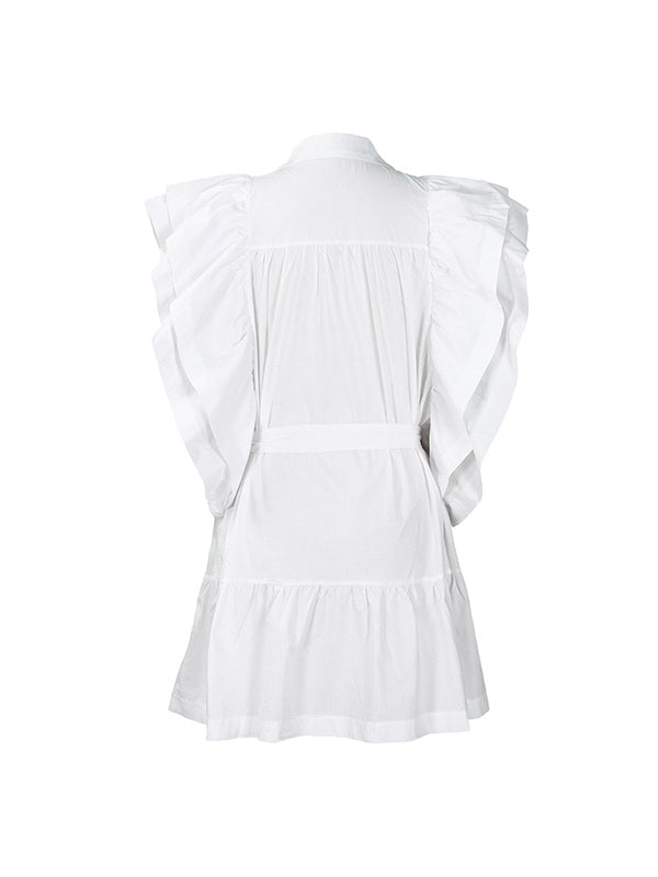 Buttoned Pleated Ruffled Solid Color Tied Waist A-Line High Waisted Lapel Mini Dresses