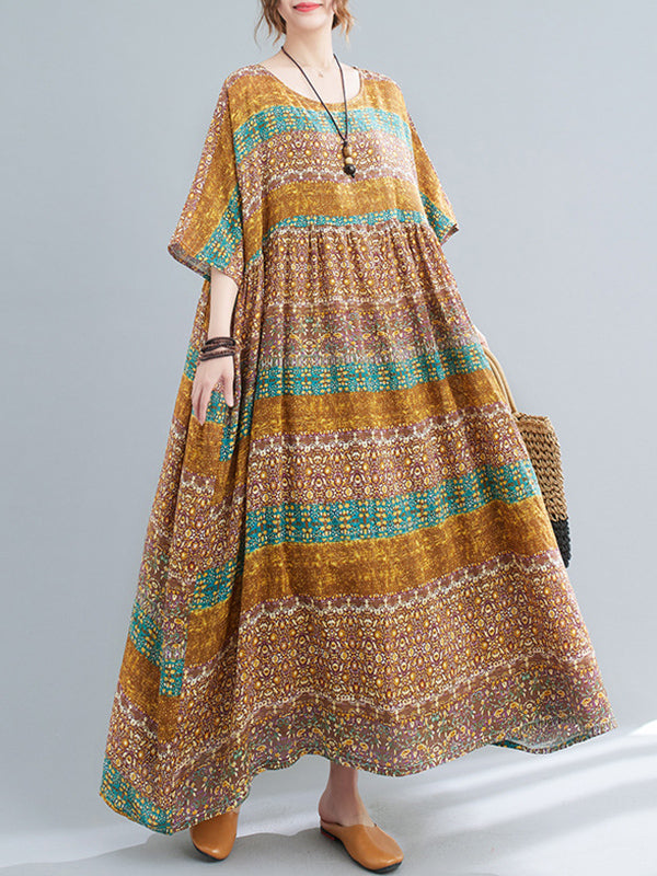 Batwing Sleeves Raglan Sleeve Printed Striped Round-Neck Midi Dresses