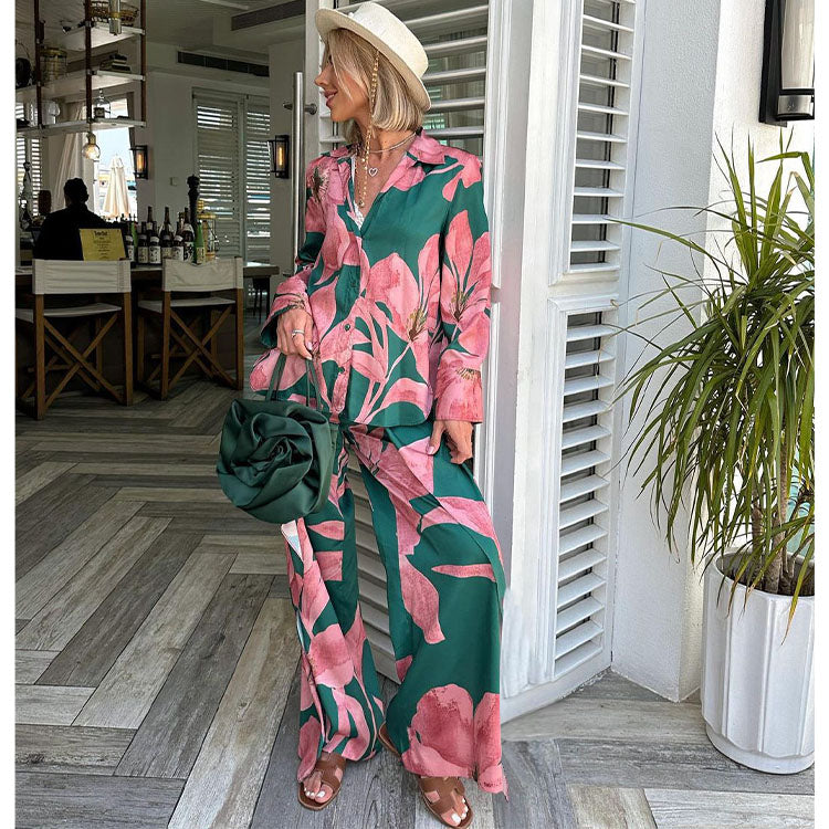 Casual Flower Print Shirt and Pants Sets Flaxmaker
