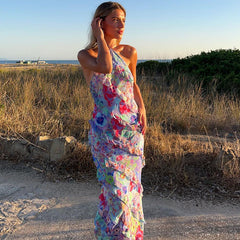 Halter Backless Ruffle Printed Dress