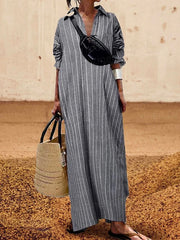 Long Sleeves Striped Lapel Maxi Dresses