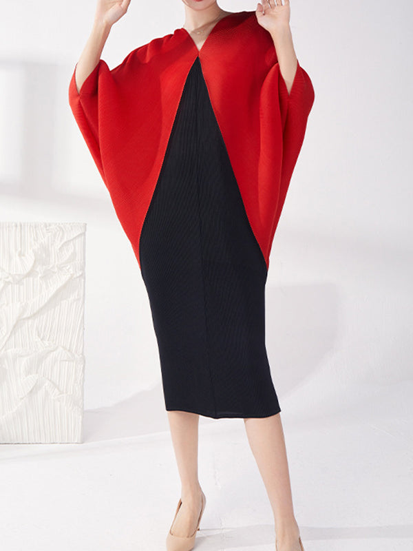 Contrast Color Pleated Batwing Sleeves Loose Round-neck Midi Dresses