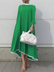 A-line Flared Sleeves Asymmetric Contrast Color Mock Neck Maxi Dresses