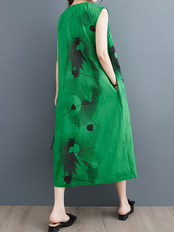 Printed Loose Sleeveless Round-neck Midi Dresses