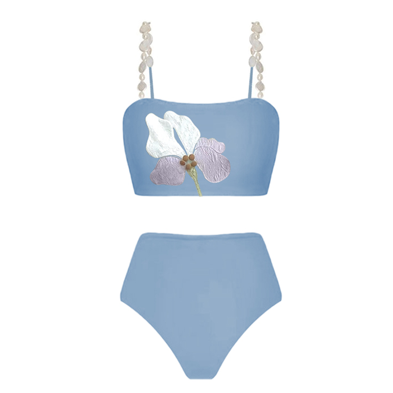 Flower Detail Pearl Strap High Waist Bikini Swimsuit and Skirt Flaxmaker