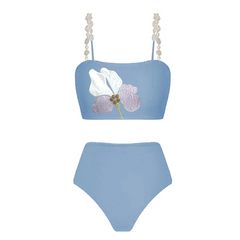 Flower Detail Pearl Strap High Waist Bikini Swimsuit and Skirt Flaxmaker