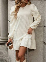 Elasticity Pleated Solid Color Split-Joint A-Line Long Sleeves Round-Neck Mini Dresses