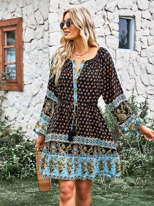 Bohemia A-Line Floral Printed V-Neck Dress