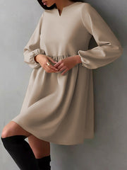 Elasticity Pleated Solid Color Split-Joint Loose Puff Sleeves Round-Neck Mini Dresses
