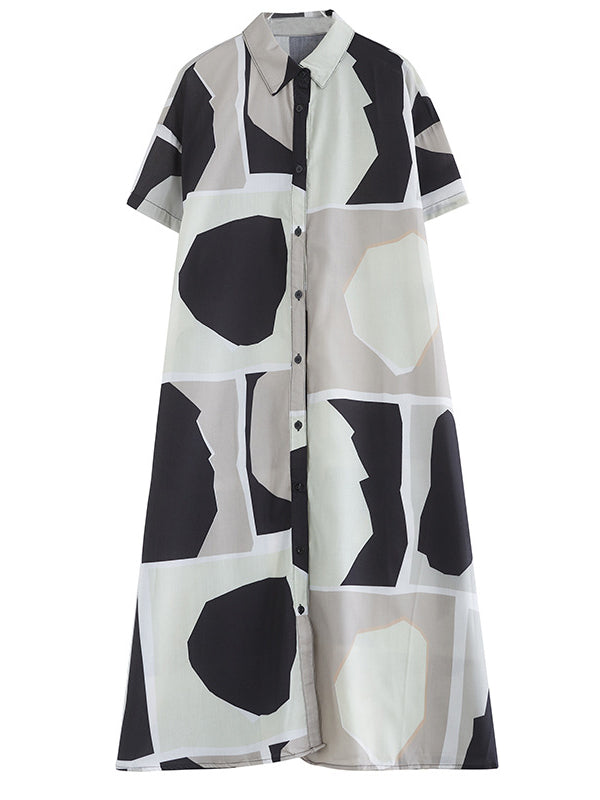 Color-Block Printed Loose Oversize Lapel Shirt Dress Midi Dresses
