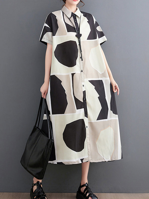 Color-Block Printed Loose Oversize Lapel Shirt Dress Midi Dresses
