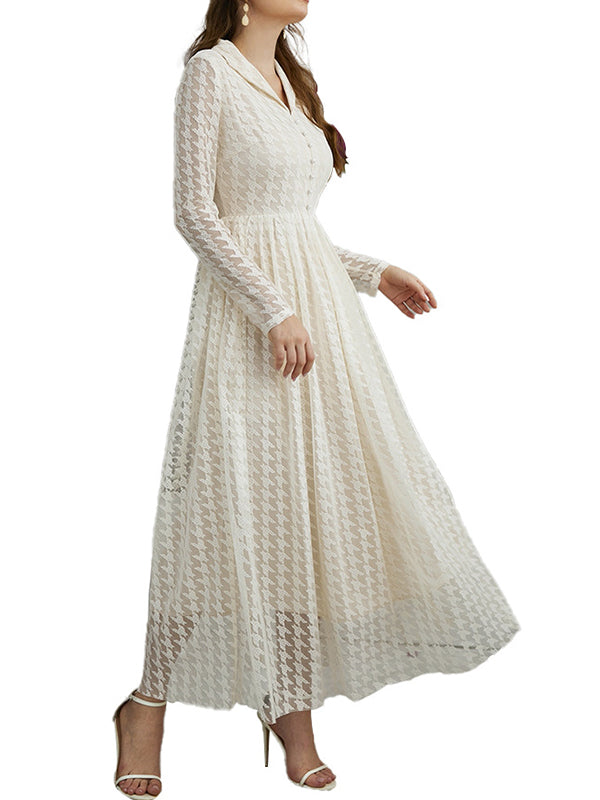 Buttoned Gauze See-Through Solid Color High Waisted Long Sleeves V-Neck Maxi Dresses