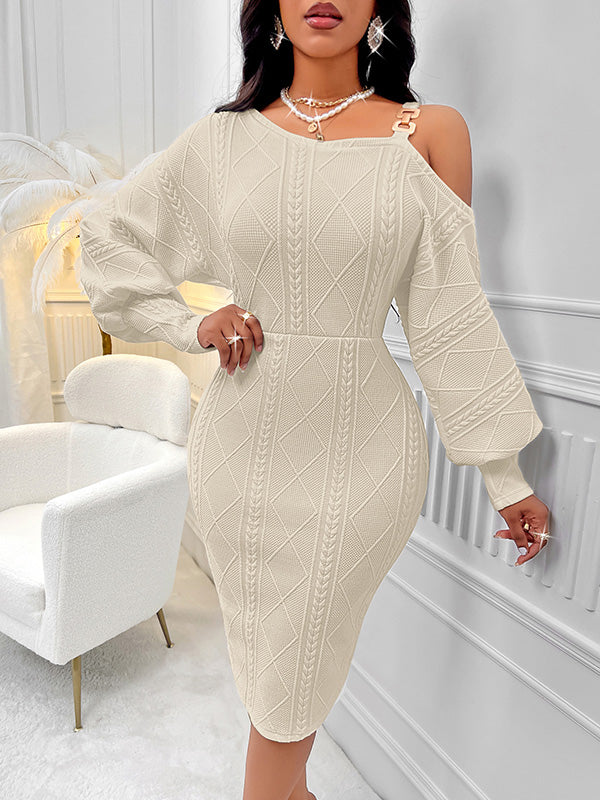 Solid Color Split-Joint Bodycon Long Sleeves Cold Shoulder Midi Dresses