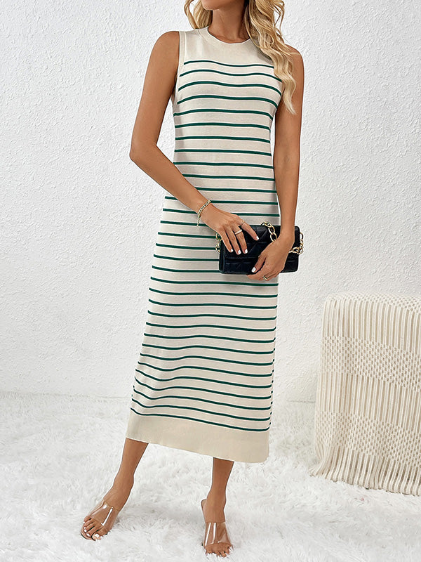 Striped Loose Sleeveless Round-Neck Midi Dresses Knit Dresses