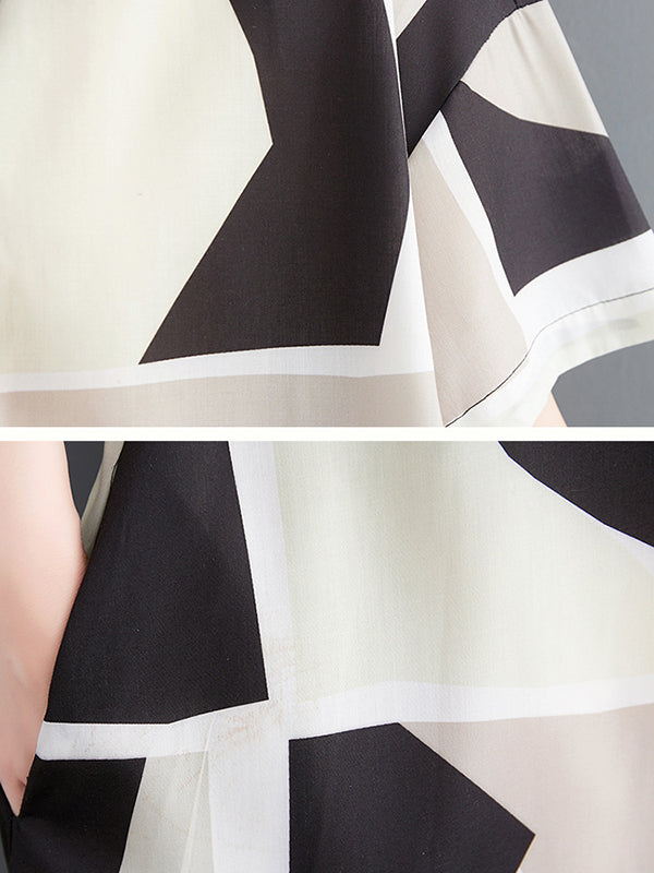 Color-Block Printed Loose Oversize Lapel Shirt Dress Midi Dresses