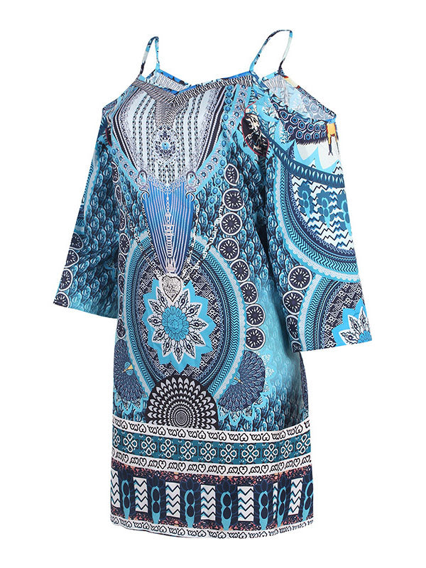 Hollow Printed Split-Joint High Waisted Loose Cold Shoulder Mini Dresses
