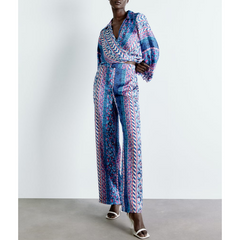 Flaxmaker Fashion Casual V Neck Printed Two Piece Set