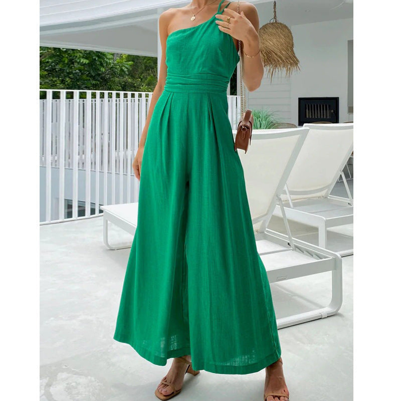 Fashion One Shoulder Solid Color  High Waist  Jumpsuit