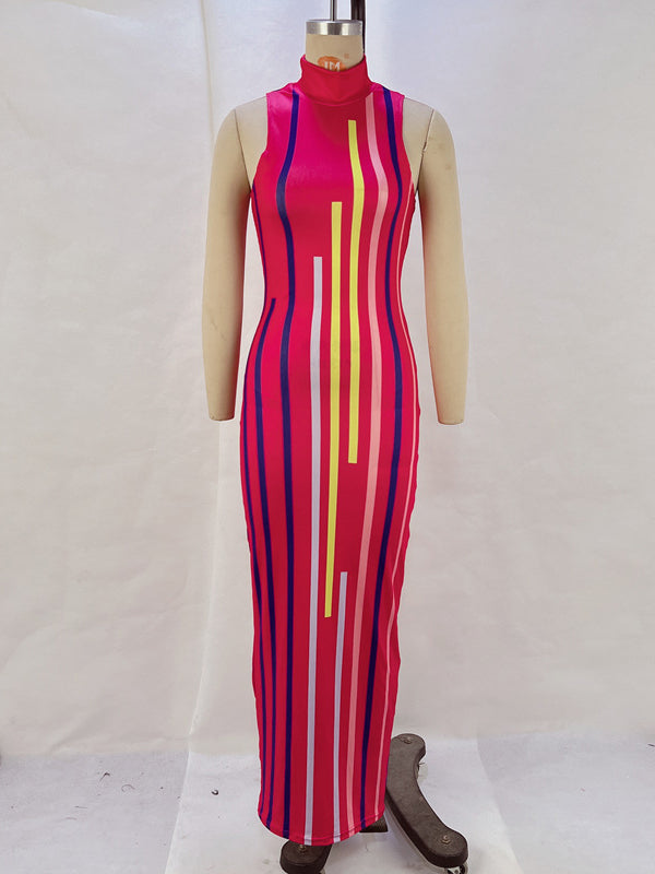 Contrast Color Printed Bodycon High Waisted High Neck Midi Dresses