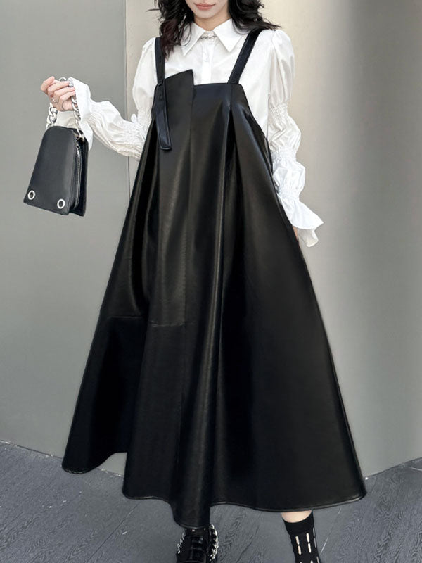 Asymmetric Pleated Solid Color Split-Joint A-Line Loose Square-Neck Slip Dress Midi Dresses