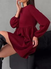 Elasticity Pleated Solid Color Split-Joint Loose Puff Sleeves Round-Neck Mini Dresses