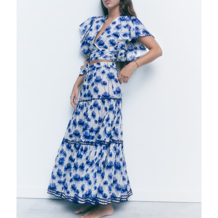 Flaxmaker Elegant Ruffle V Neck Jungle Printed Two Piece Set