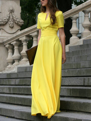 Half Sleeves High Waisted Solid Color Tied Waist V-Neck Maxi Dresses