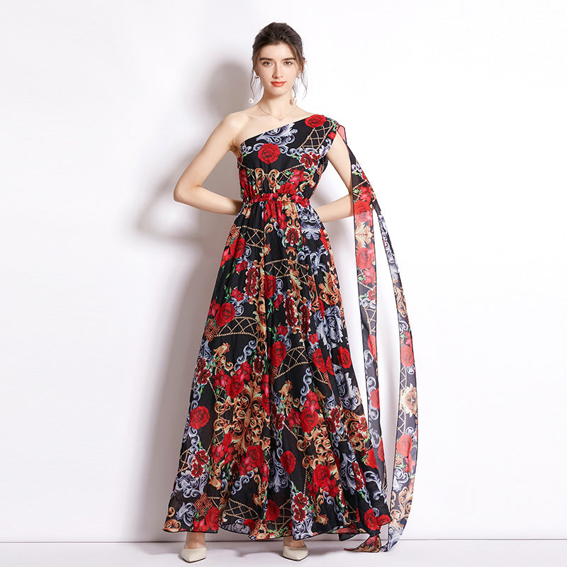 Flaxmaker Blossom Printed One Shoulder Lace Up Maxi Chiffon Dress