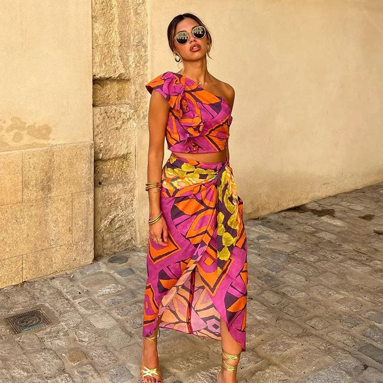 Oblique Shoulder printed Cami and Skirt Set