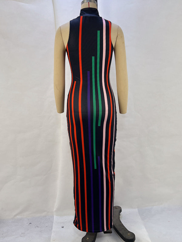 Contrast Color Printed Bodycon High Waisted High Neck Midi Dresses