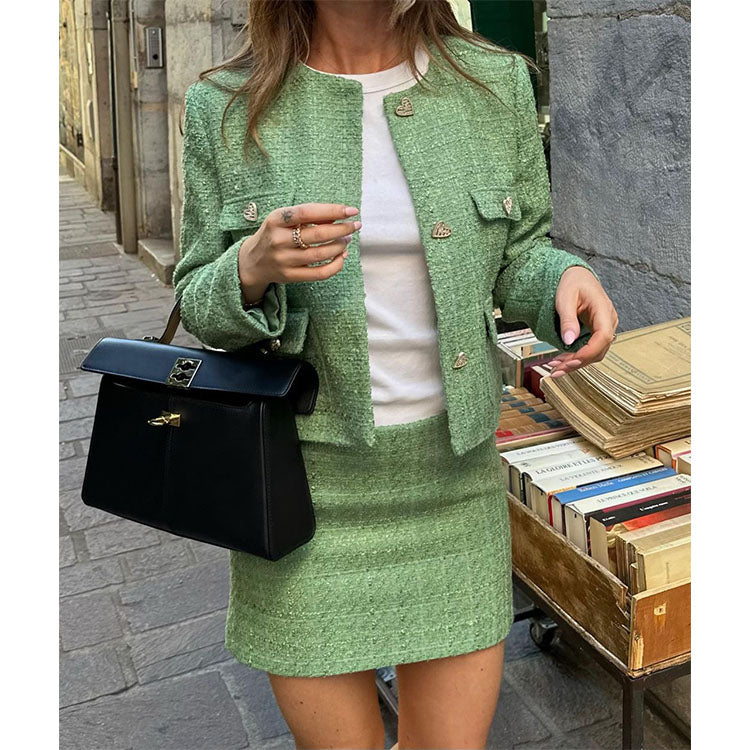 Fashion Green Tweed Coat and Skirt