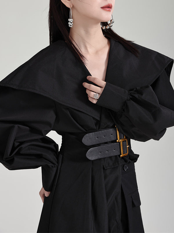 Asymmetric Belted Pleated Solid Color High Waisted Long Sleeves Lapel Midi Dresses