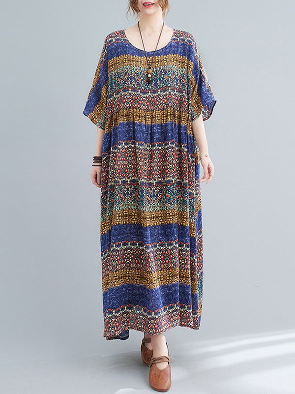 Batwing Sleeves Raglan Sleeve Printed Striped Round-Neck Midi Dresses