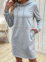 Drawstring Pockets A-line Long Sleeves Hooded Mini Dresses Hoodies Tops