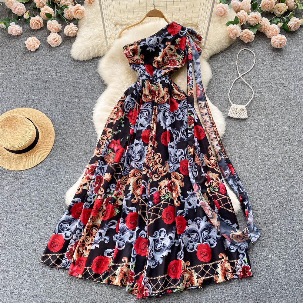 Flaxmaker Blossom Printed One Shoulder Lace Up Maxi Chiffon Dress