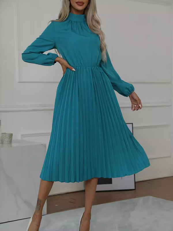 Buttoned Elasticity Hollow No Belt Pleated Solid Color Long Sleeves Loose High Neck Midi Dresses