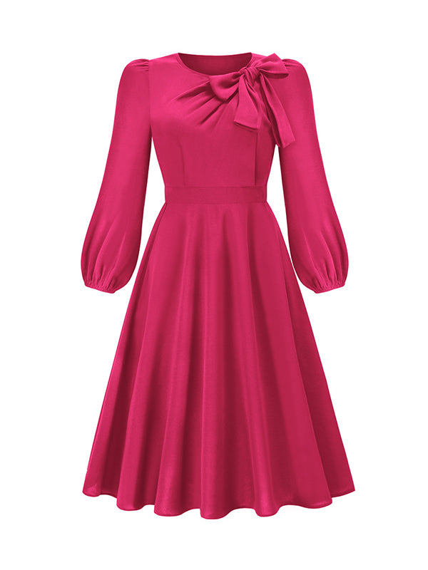 Asymmetric Bowknot Elasticity Solid Color A-Line Long Sleeves Round-Neck Midi Dresses