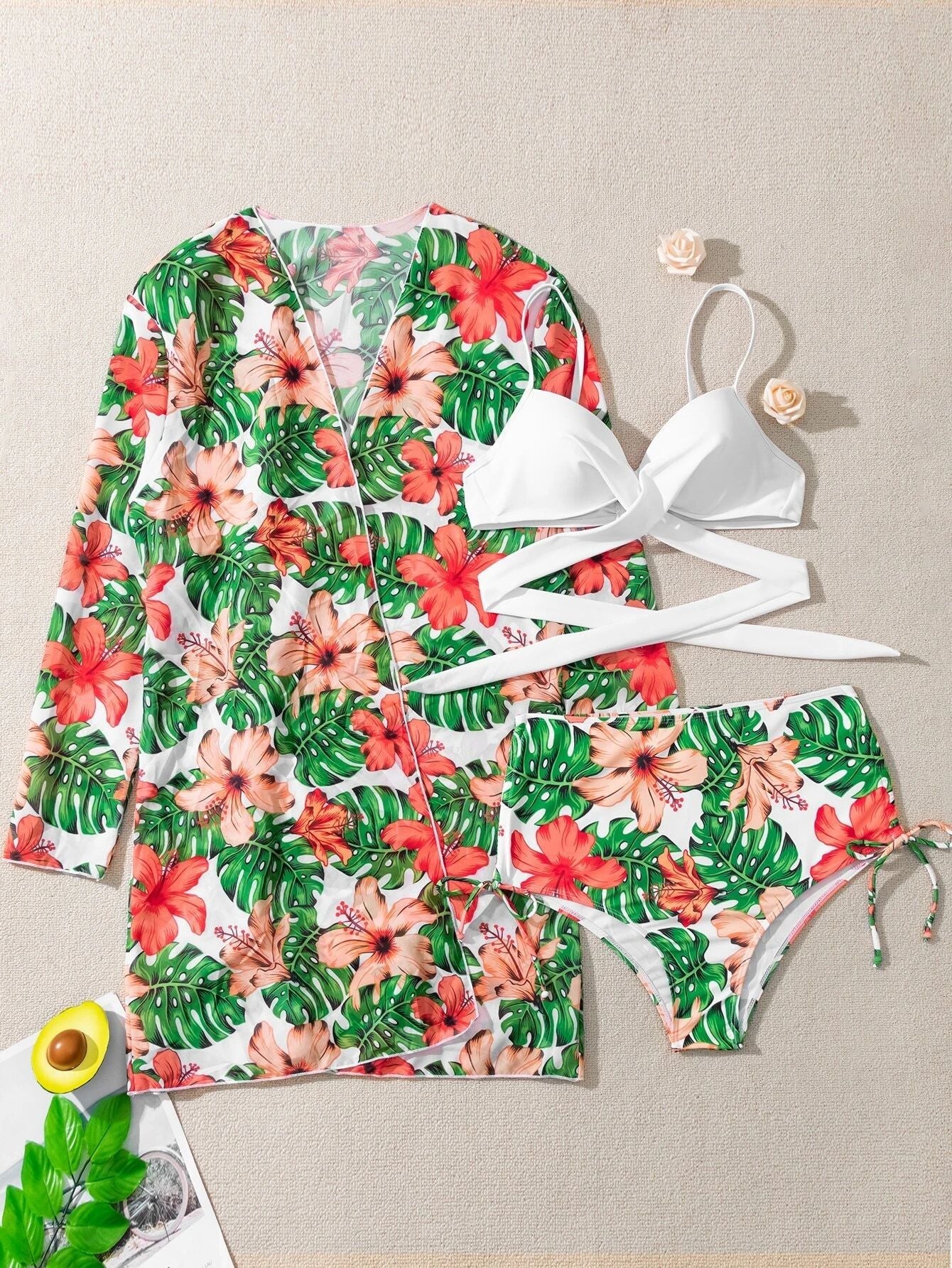 Printed Sexy Bikini Swimsuit and Net Yarn Cover Up