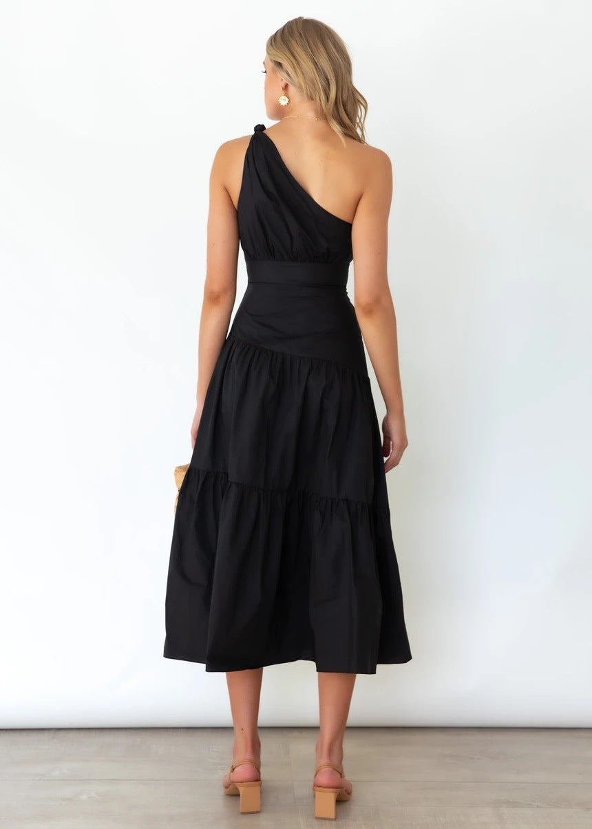One Shoulder Solid Color Swing Dress