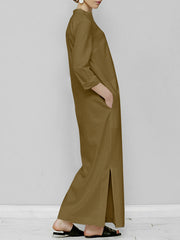Solid Color Split-Joint Long Sleeves Loose V-Neck Maxi Dresses