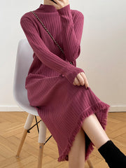 Fringed Solid Color Long Sleeves Loose Mock Neck Sweater Dresses Midi Dresses