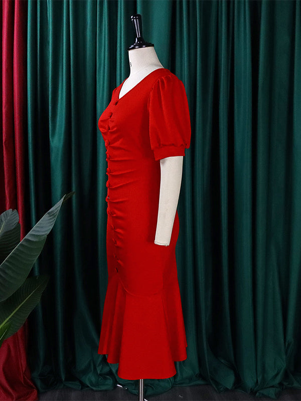 Pleated Solid Color Zipper Bodycon Mermaid V-Neck Midi Dresses