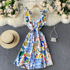 Bandage Bowknot Design Retro Printed Dress Flaxmaker