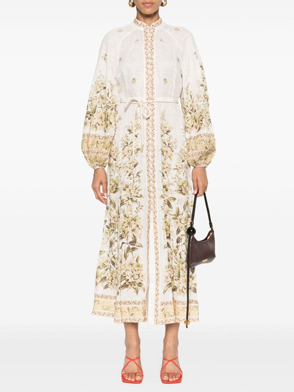 Flower Printed Long Sleeves Elegant Maxi Dresses