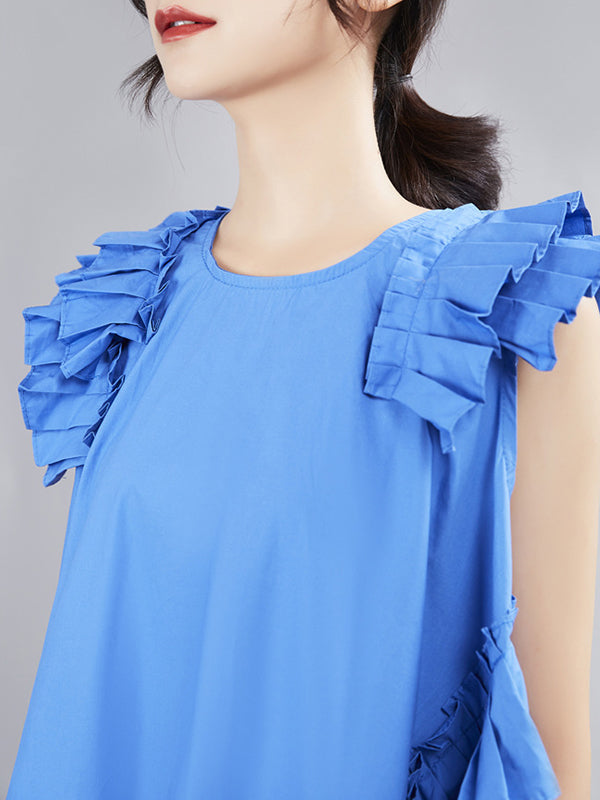 Asymmetric Pleated Solid Color Split-Joint Flying Sleeves Loose Round-Neck Midi Dresses
