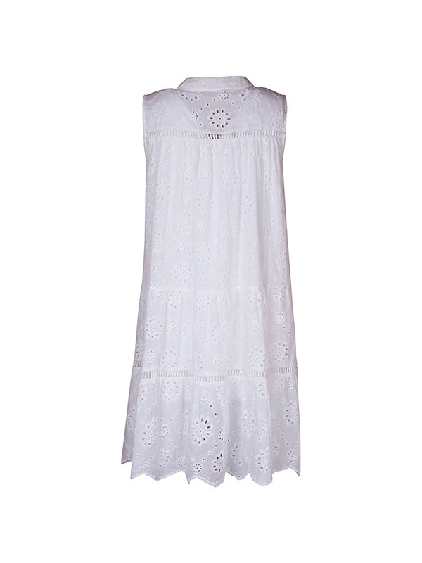Hollow Lace-Up Solid Color Split-Joint Loose Sleeveless Round-Neck Mini Dresses