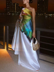Asymmetric Flower Print Long Sleeves Loose One-shoulder Maxi Dresses