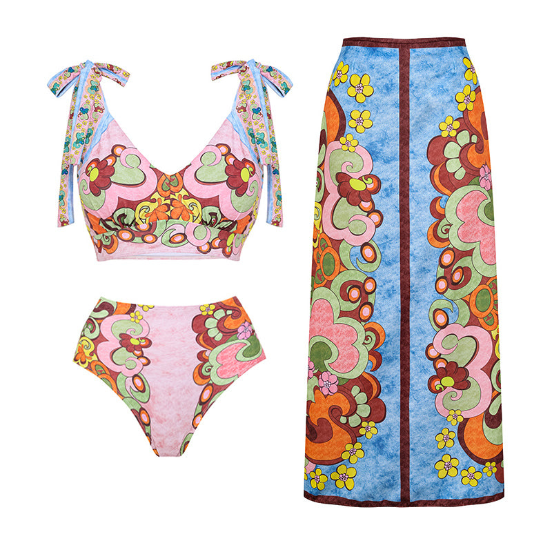 Tie-shoulder Printed High Waist Bikini Swimsuit and Skirt(Shipped on Jan 11th)